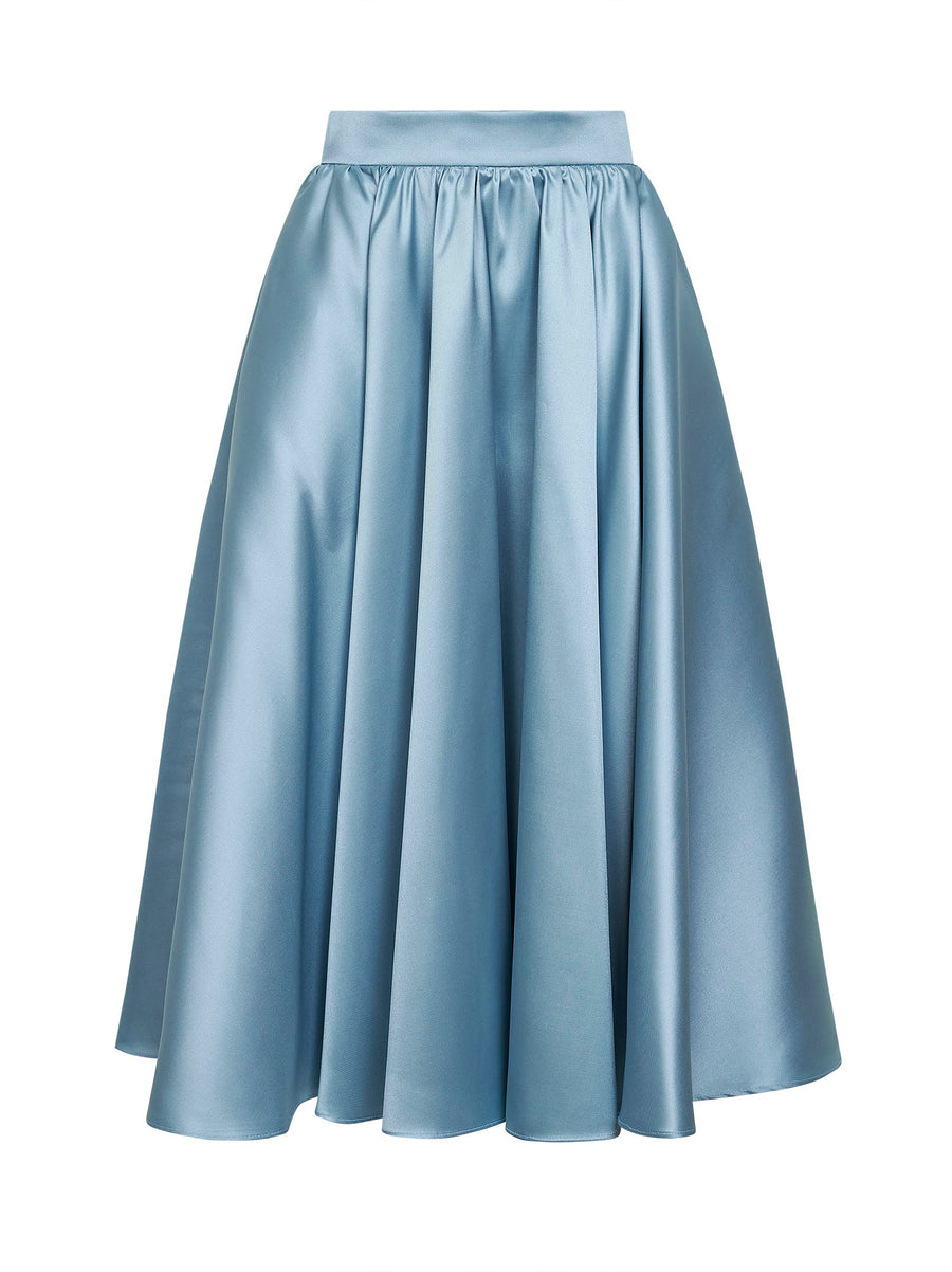 Powder Blue Satin Geky Full Midi Skirt Light Polyester