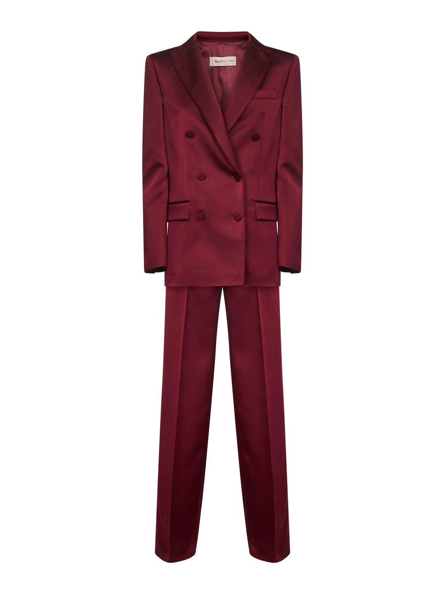 Burgundy Satin Telvera Suit Polyester Trouser Suits
