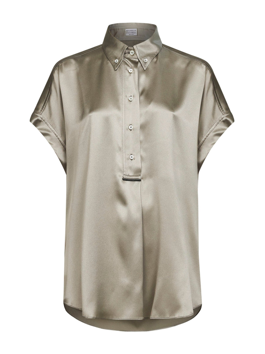 Green Stretch Satin Monili Shirt Silk