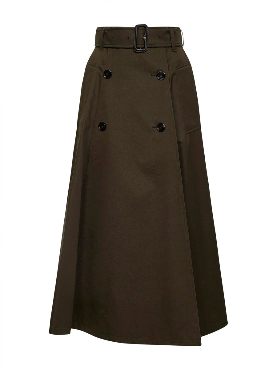 Juniper Green Gabardine Midi Trench Skirt Cotton