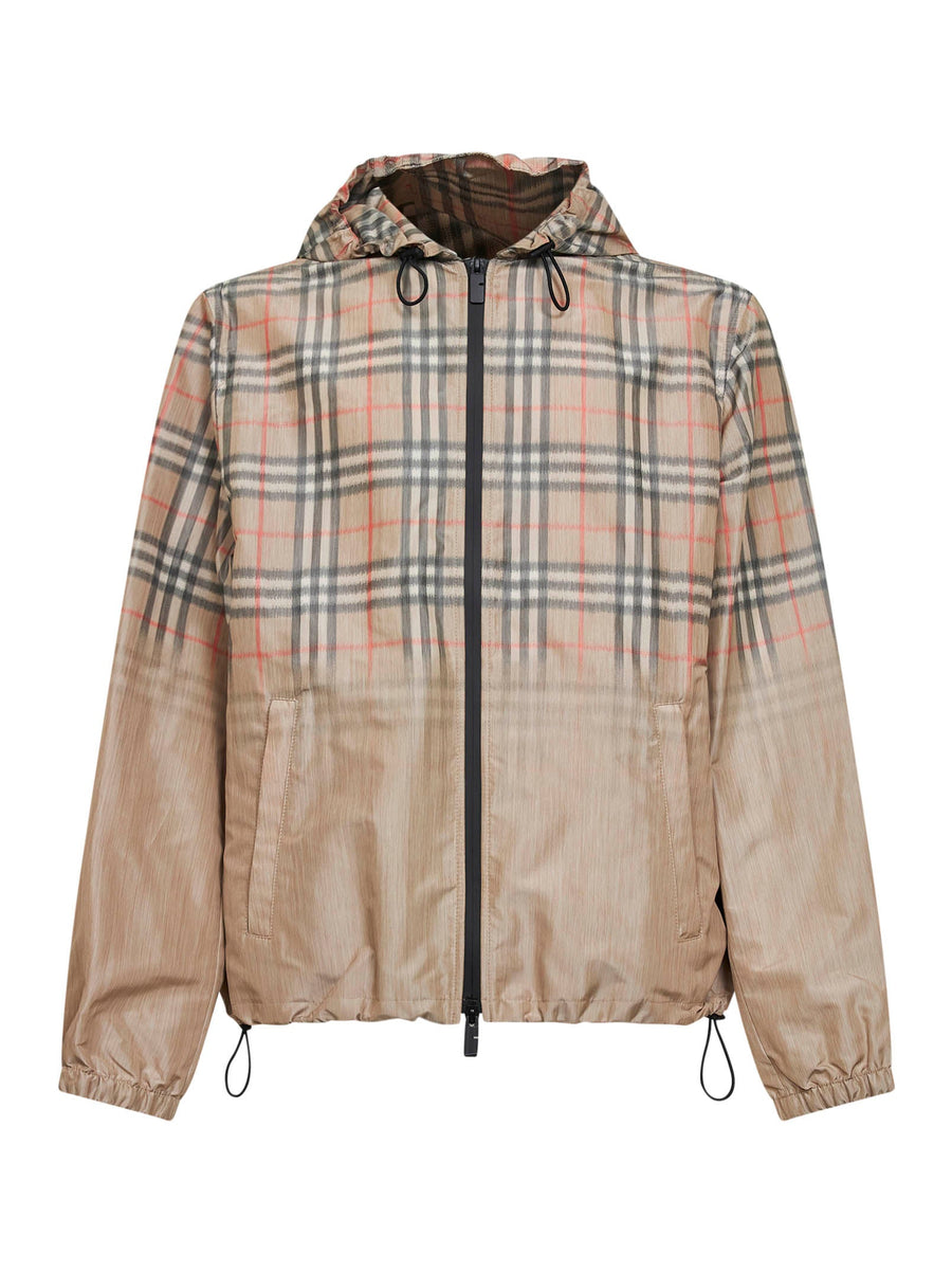 Sand Beige Gradient Check Hooded Jacket Viscose Bomber
