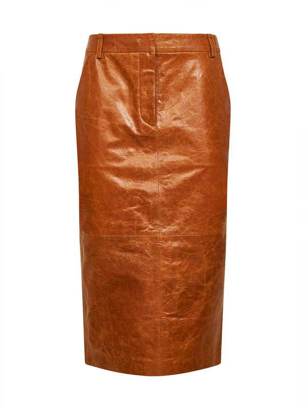 Cognac Leather Tailored Pencil Skirt