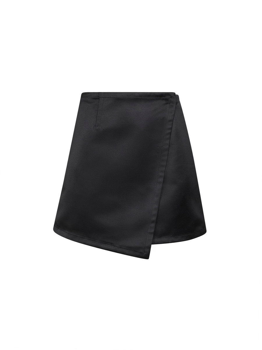 Black Duchesse Satin Wrap Mini Skirt Polyester