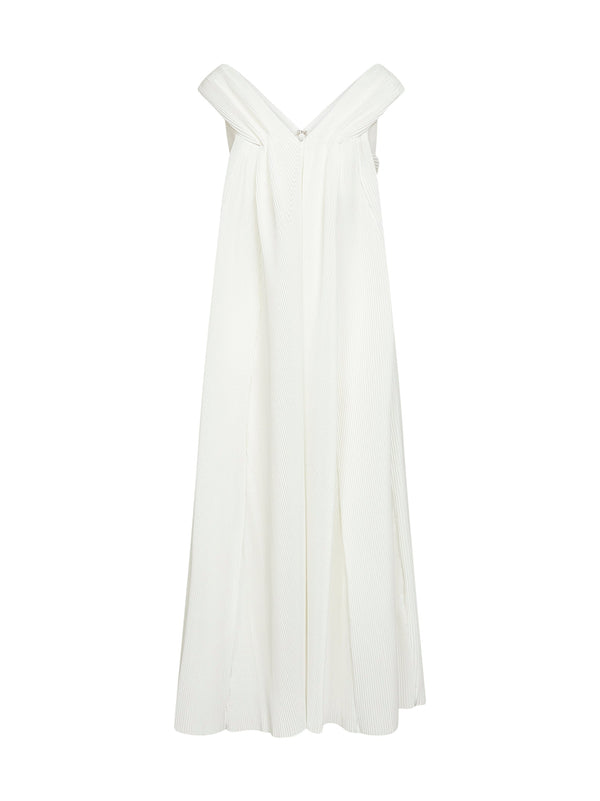 White Plissé Fabric Long Dress Polyester