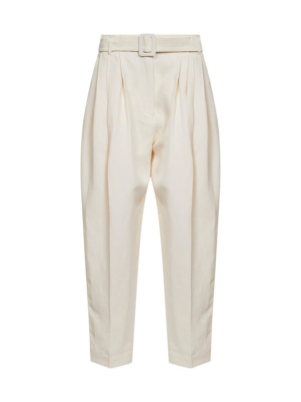 Trousers Pleated Belted Viscose-Linen Ivory