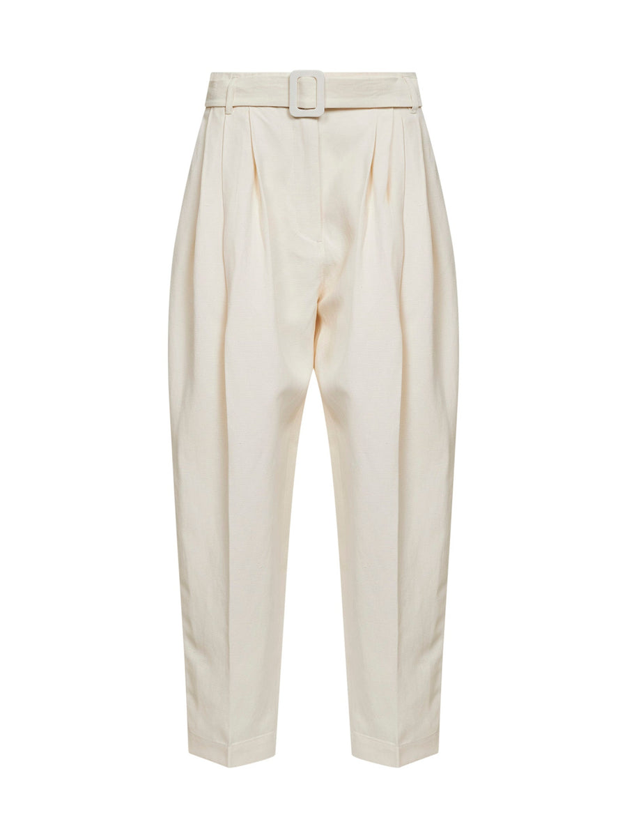 Trousers Pleated Belted Viscose-Linen Ivory