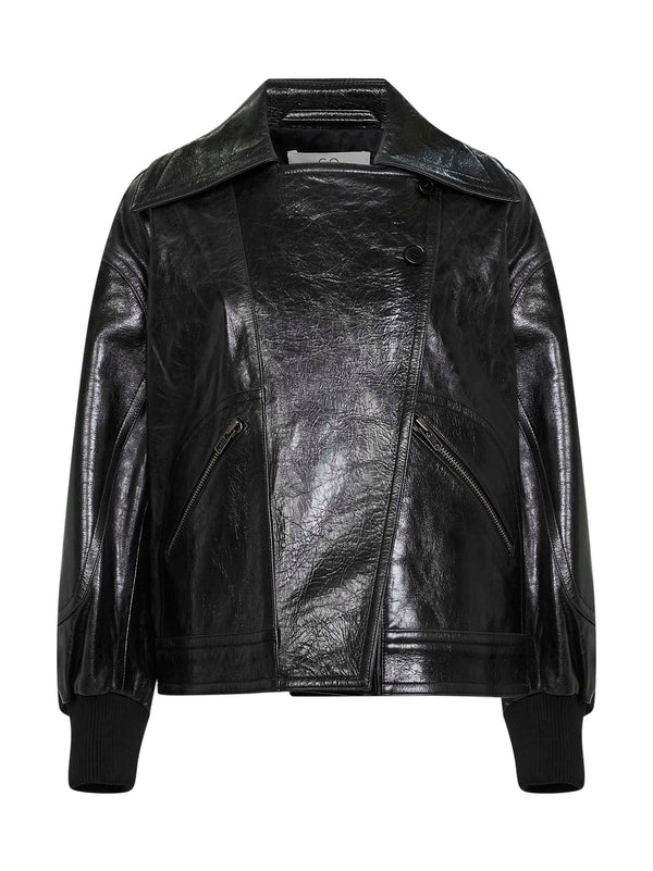 Black Leather Oversized Bomber Jacket