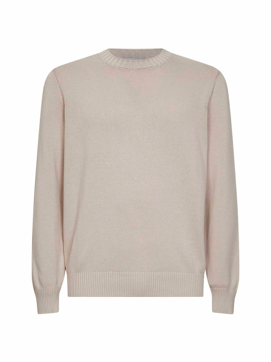 Beige Cotton Knit Crewneck Sweater