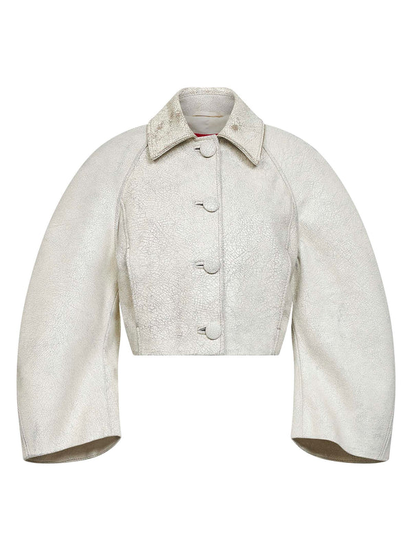 Cropped Crackled Leather Jacket Beige Sheepskin Bomber