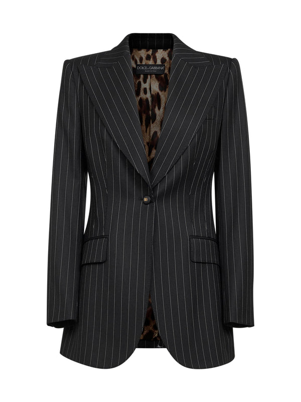 Black Pinstriped Stretch Wool Jacket Virgin