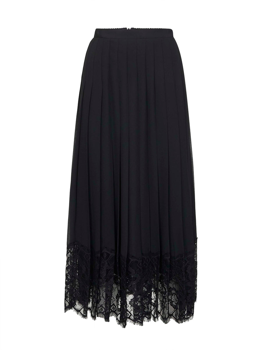 Black Chiffon And Lace Pleated Midi Skirt Polyester