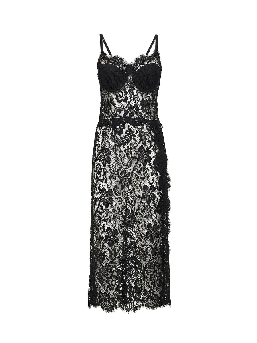 Black Cordonetto Lace Midi Dress Cotton