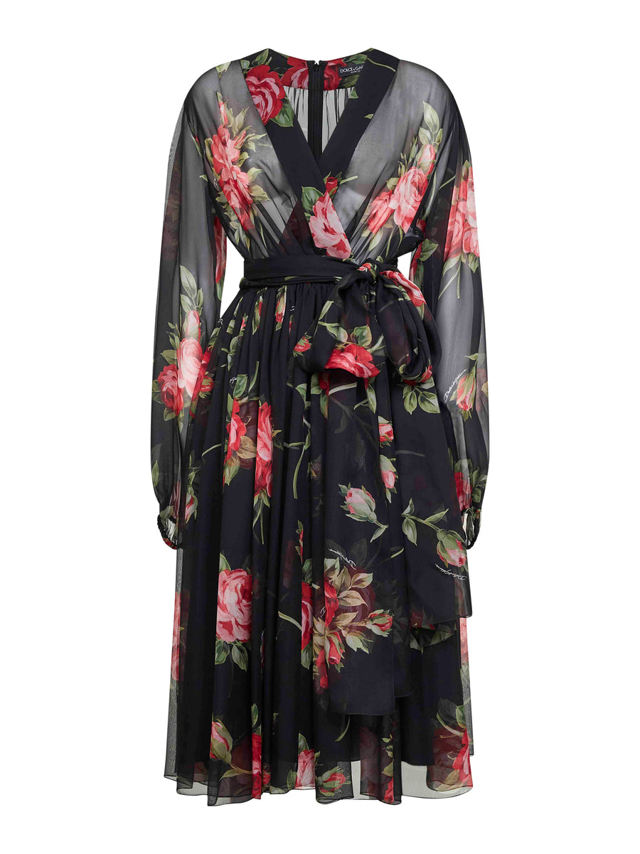 Black Rose Bouquet Printed Chiffon Dress Silk