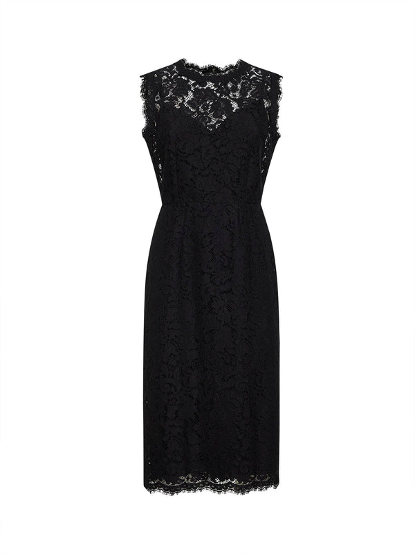 Black Lace Calf-Length Sheath Dress Cotton