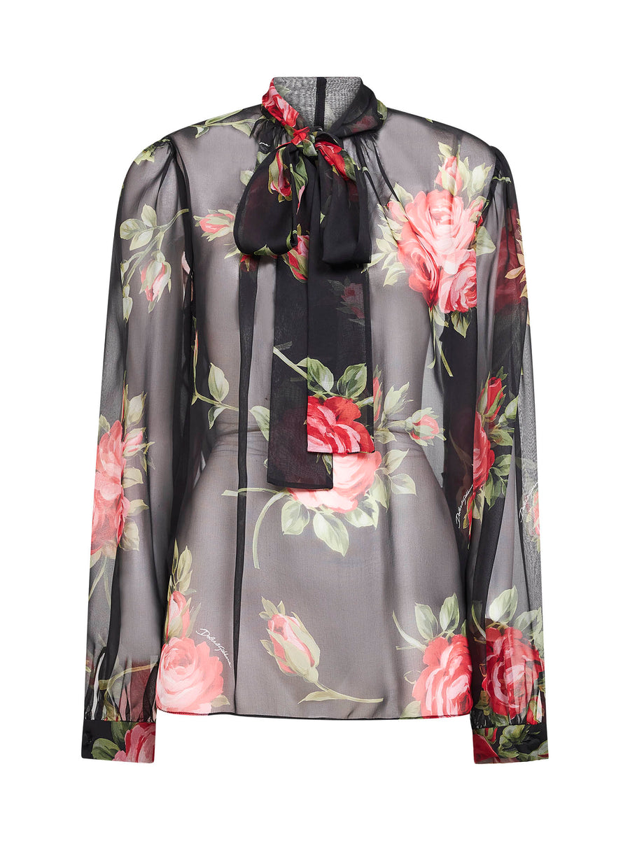 Black Rose Bouquet-Print Silk Chiffon Top Shirt