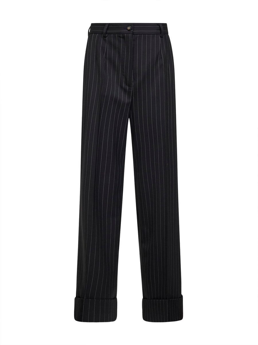 Black Two-Way Stretch Twill Pinstriped Trousers Virgin Wool