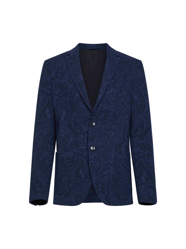 Blue Paisley-Pattern Seersucker Jersey Jacket Polyester