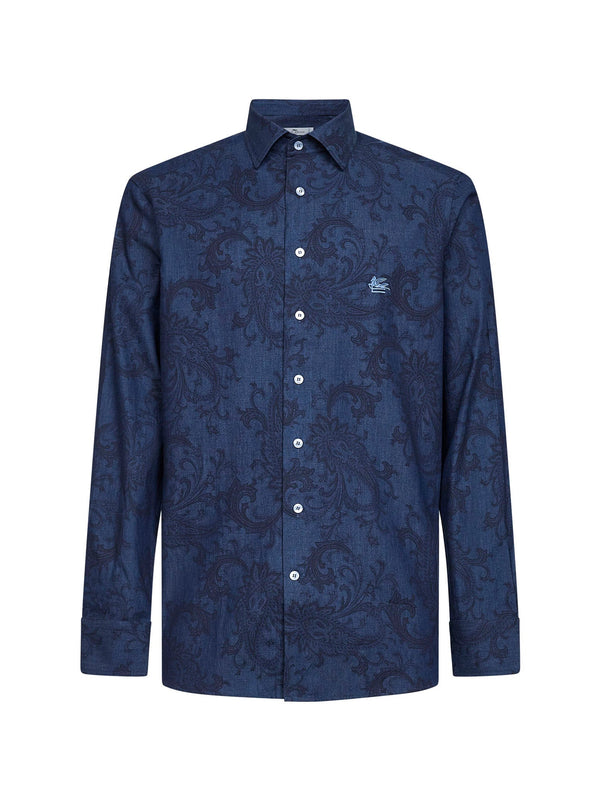 Blue Paisley Ramage-Pattern Denim Shirt Cotton