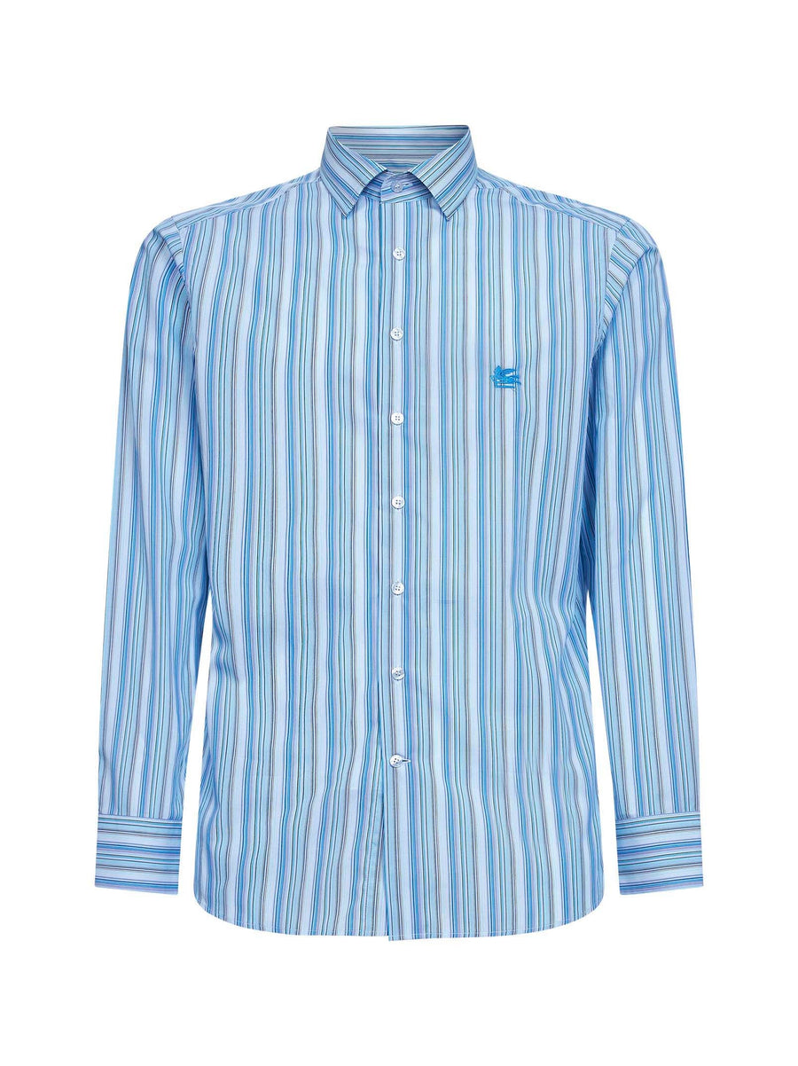 Light Blue Striped Cotton Shirt With Embroidery Silk