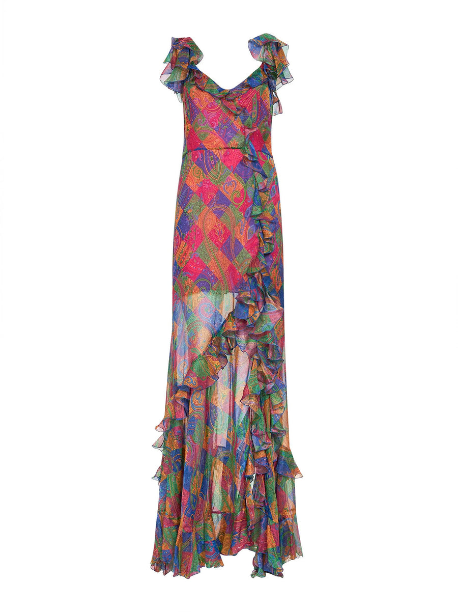 Geometric Paisley Pattern Silk Chiffon Maxi Dress