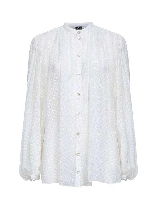 White Plumetis Silk Blend Gathered Shirt