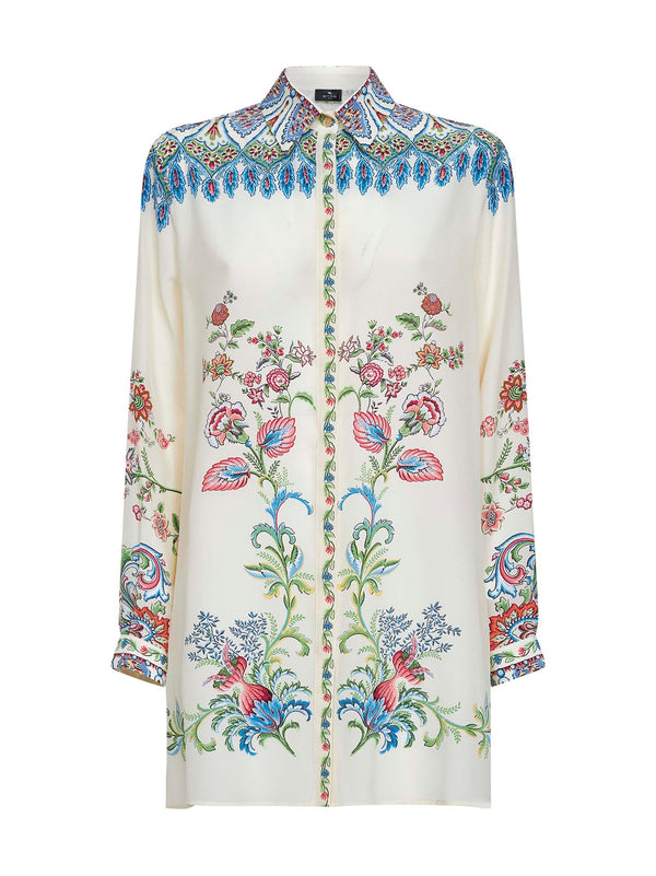 Cream Floral-Printed Silk Long Shirt