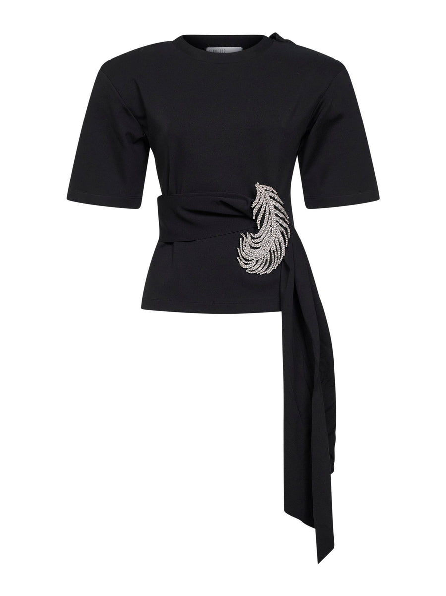 Black Stretch Jersey T-Shirt With Crystal Feather Viscose T-shirts & Jerseys