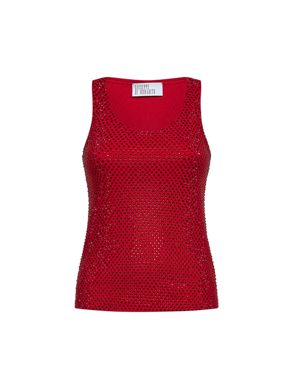 Tank Top Crystal-Embellished Red Cotton