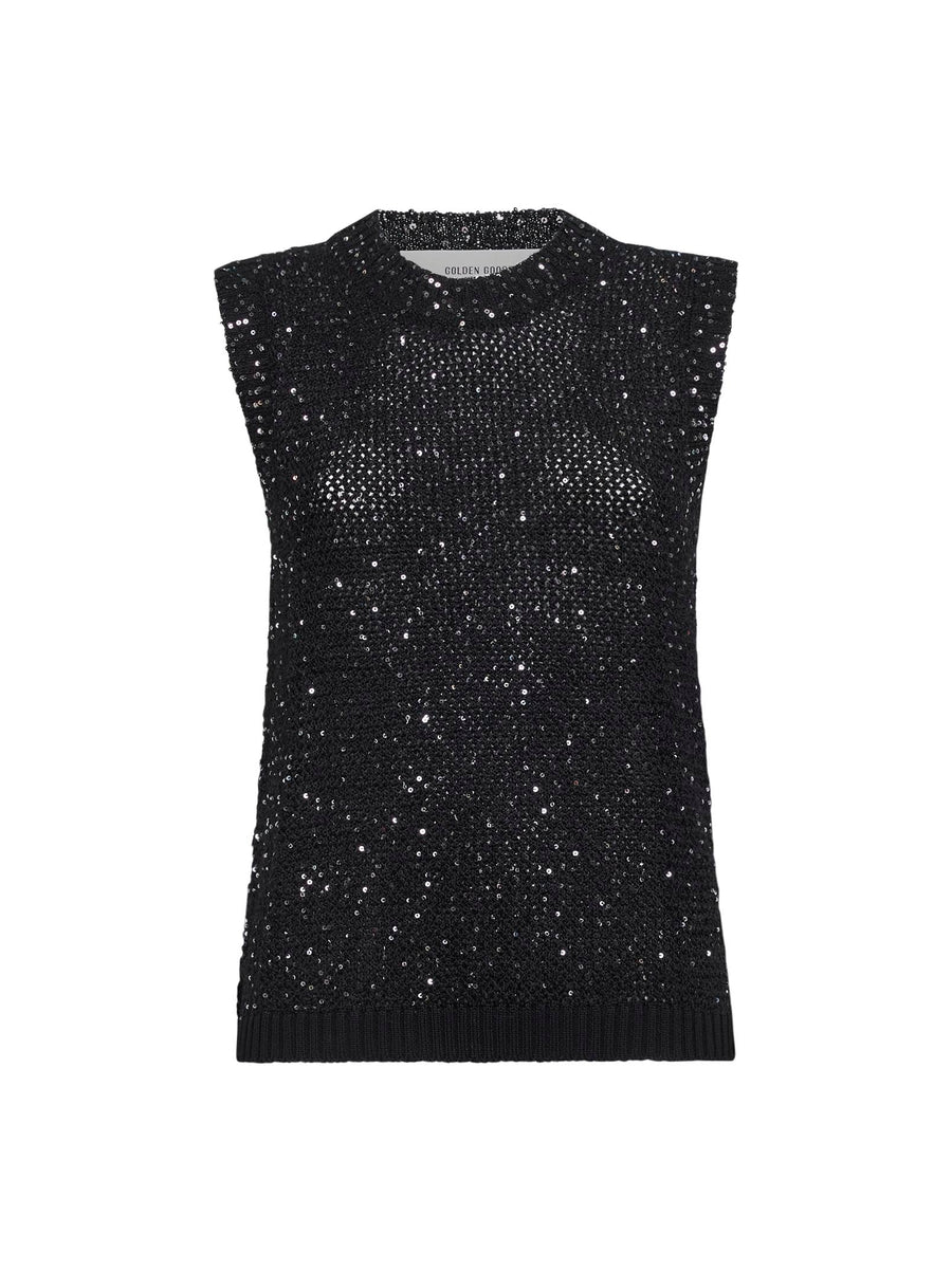 Black Sequin Mesh Journey Top Polyamide Knitwear