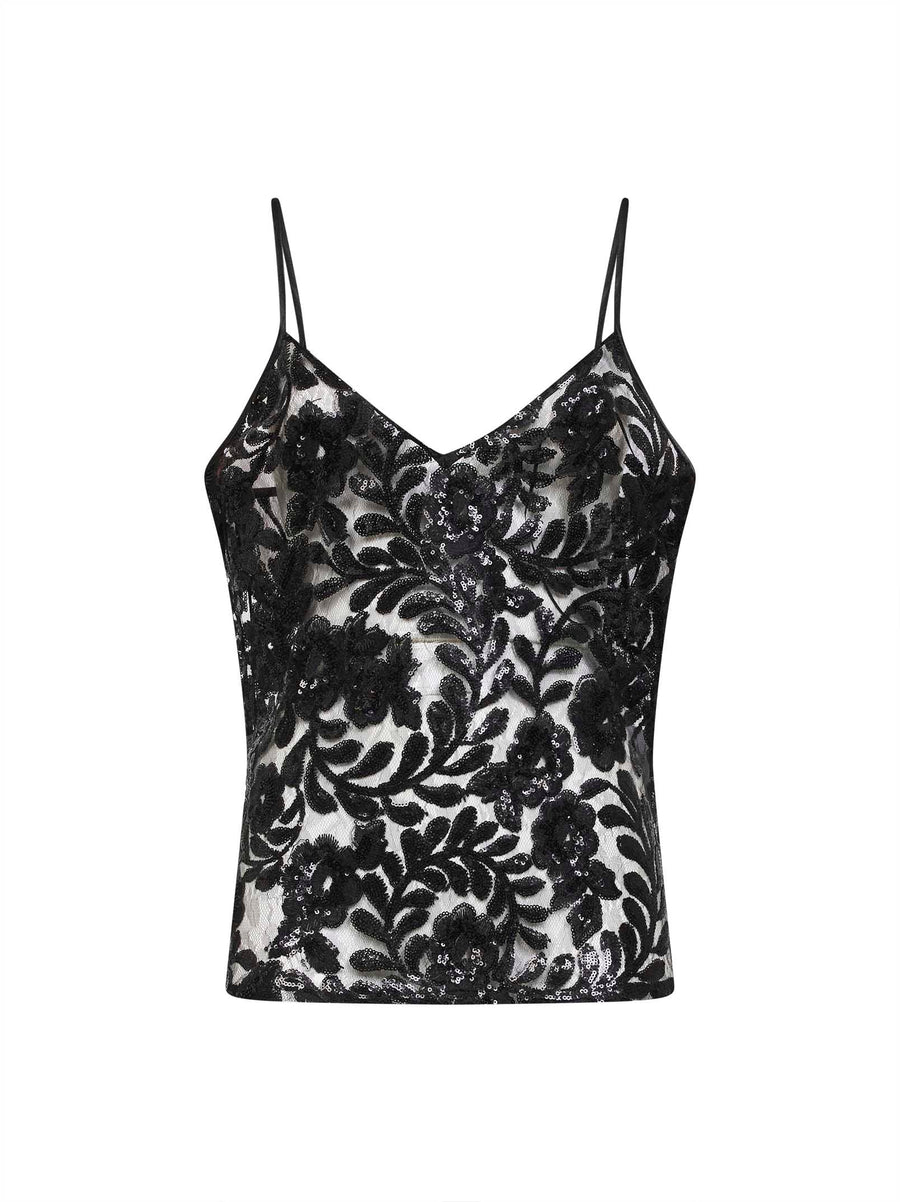 Black Sequin-Embroidered Tulle Journey Top Polyester Tops