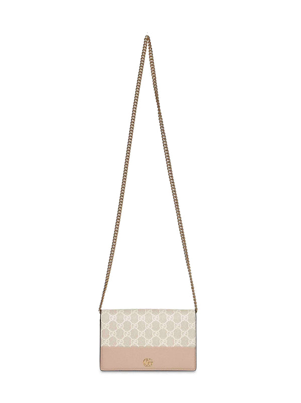 Wallet On Chain Beige And White Beige/white Calf Leather Handbags