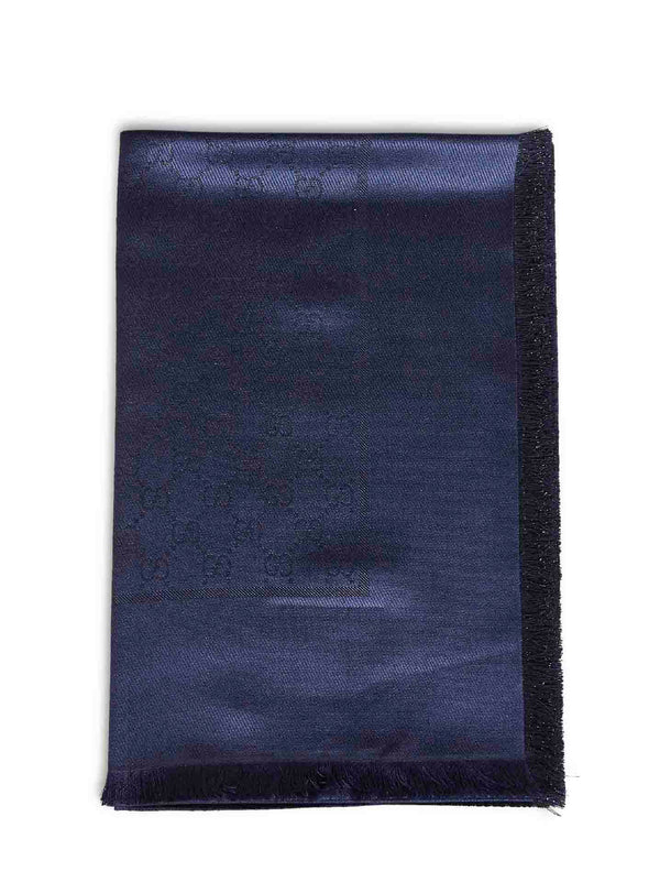 Dark Blue Gg Lamé Wool And Silk Shawl Scarf