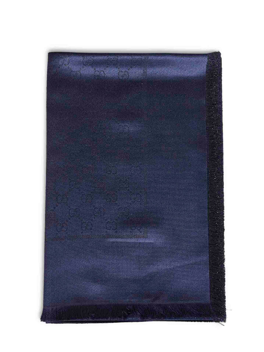 Dark Blue Gg Lamé Wool And Silk Shawl Scarf