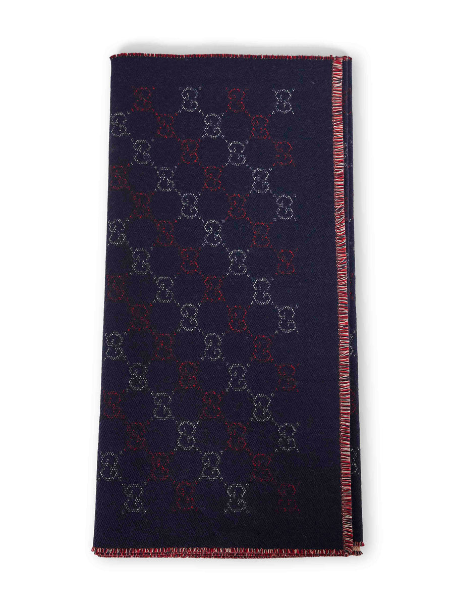 Navy Blue Gg Jacquard Wool Scarf