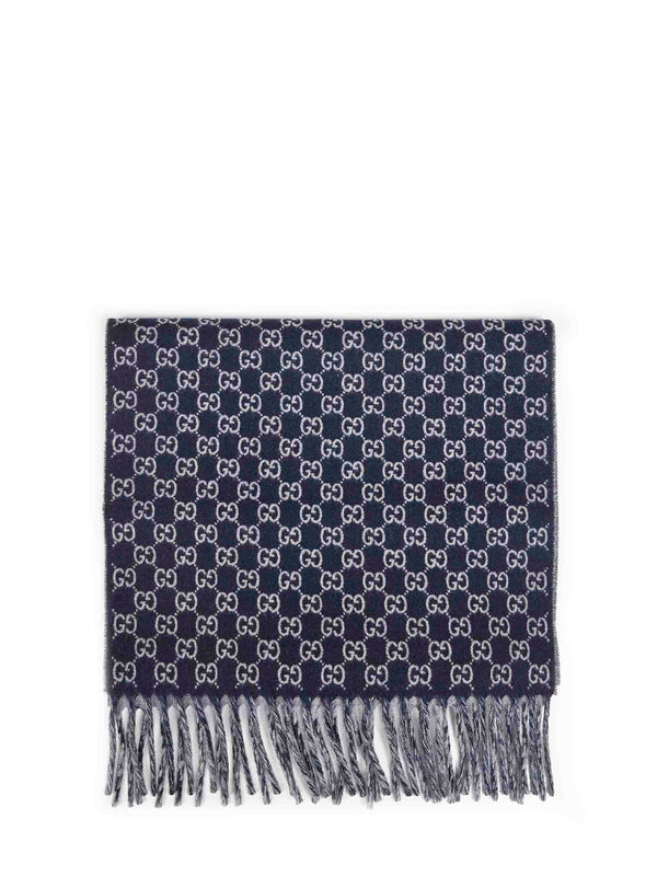 Dark Blue And Light Grey Gg Wool Cashmere Scarf