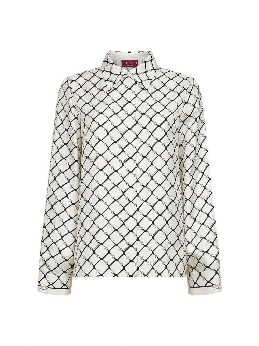 White Printed Silk Twill Shirt Ivory