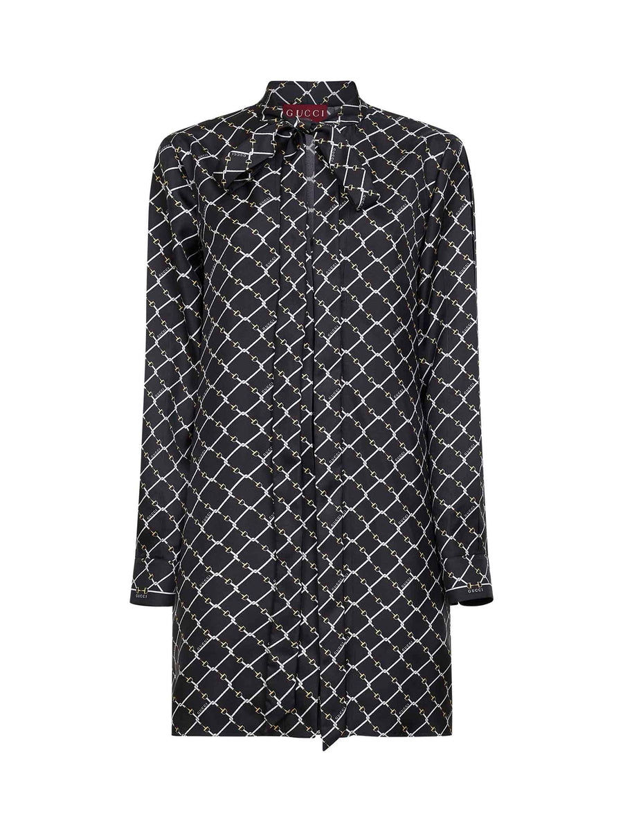 Black Printed Silk Twill Mini Dress