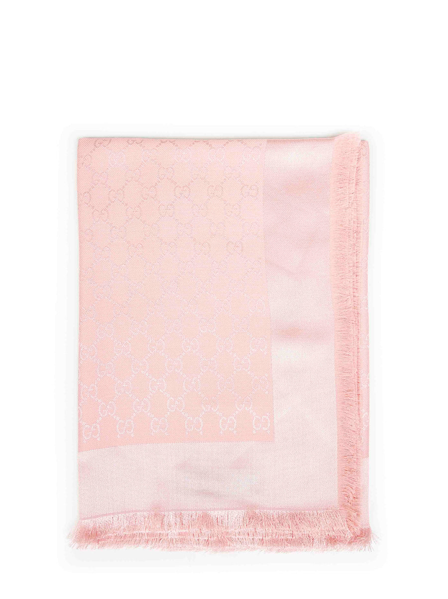 Pink And White Gg Silk Wool Shawl Scarf
