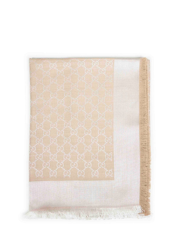 Beige And White Gg Silk Wool Shawl Natural Scarf