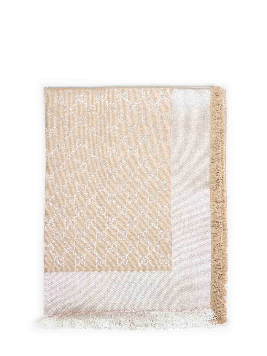 Beige And White Gg Silk Wool Shawl Natural Scarf