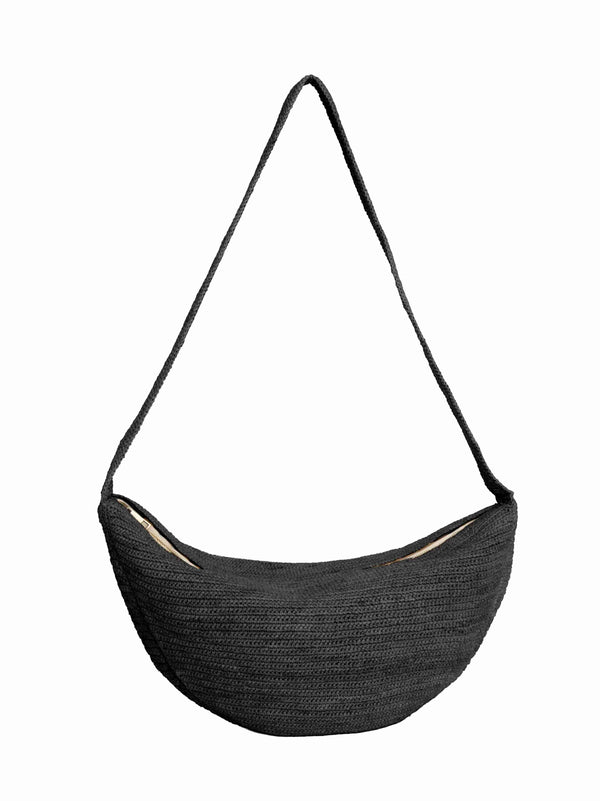 Crossbody Bag Luna Croissant Black Raffia Raffia; Calf Leather Satchels & Cross Body