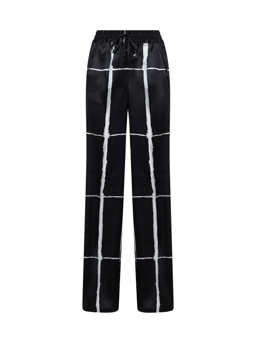 Silk Drawstring Trousers Black-White Print