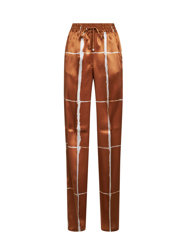 Trousers Tan-White Silk Print Brown
