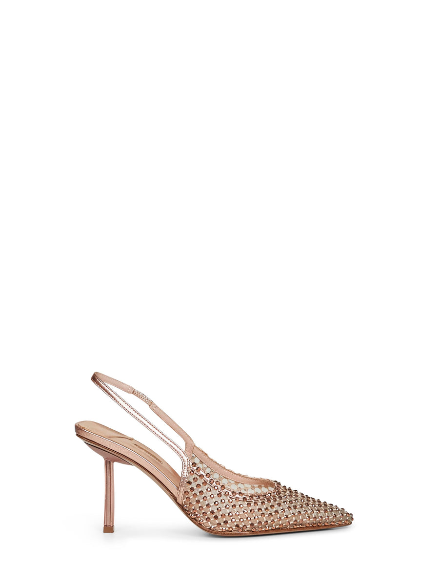 Rose Gold Gilda 80 Mm Jewelled Slingbacks Laminated Leather Pumps