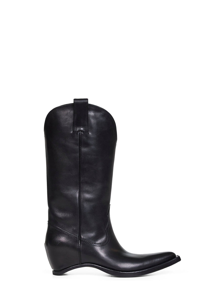 Boots Heel-Less Western Black Leather Calf
