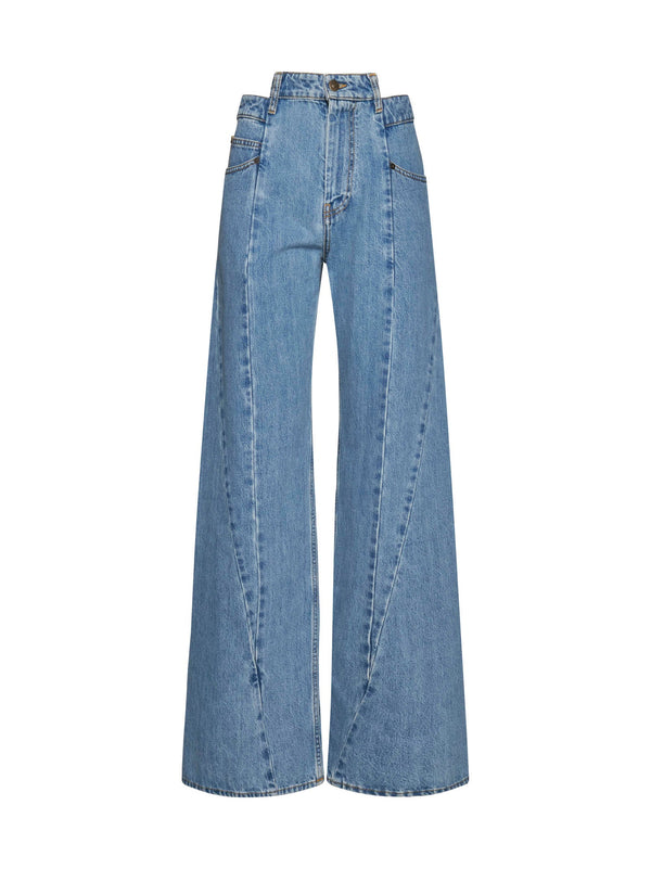 Wide-Leg Denim Jeans Light Blue Cotton