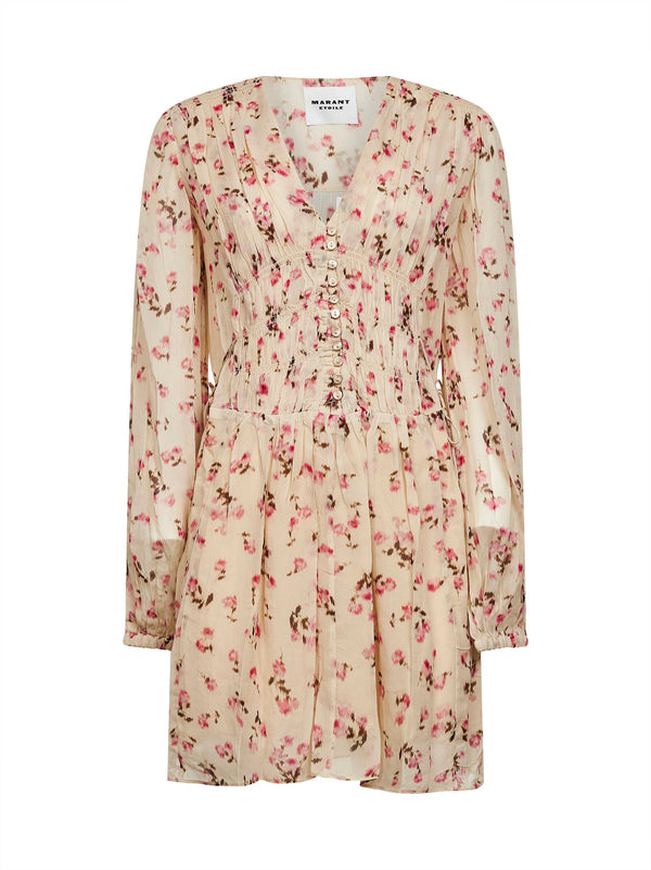 Beige Printed Muslin Minidress Viscose Dress