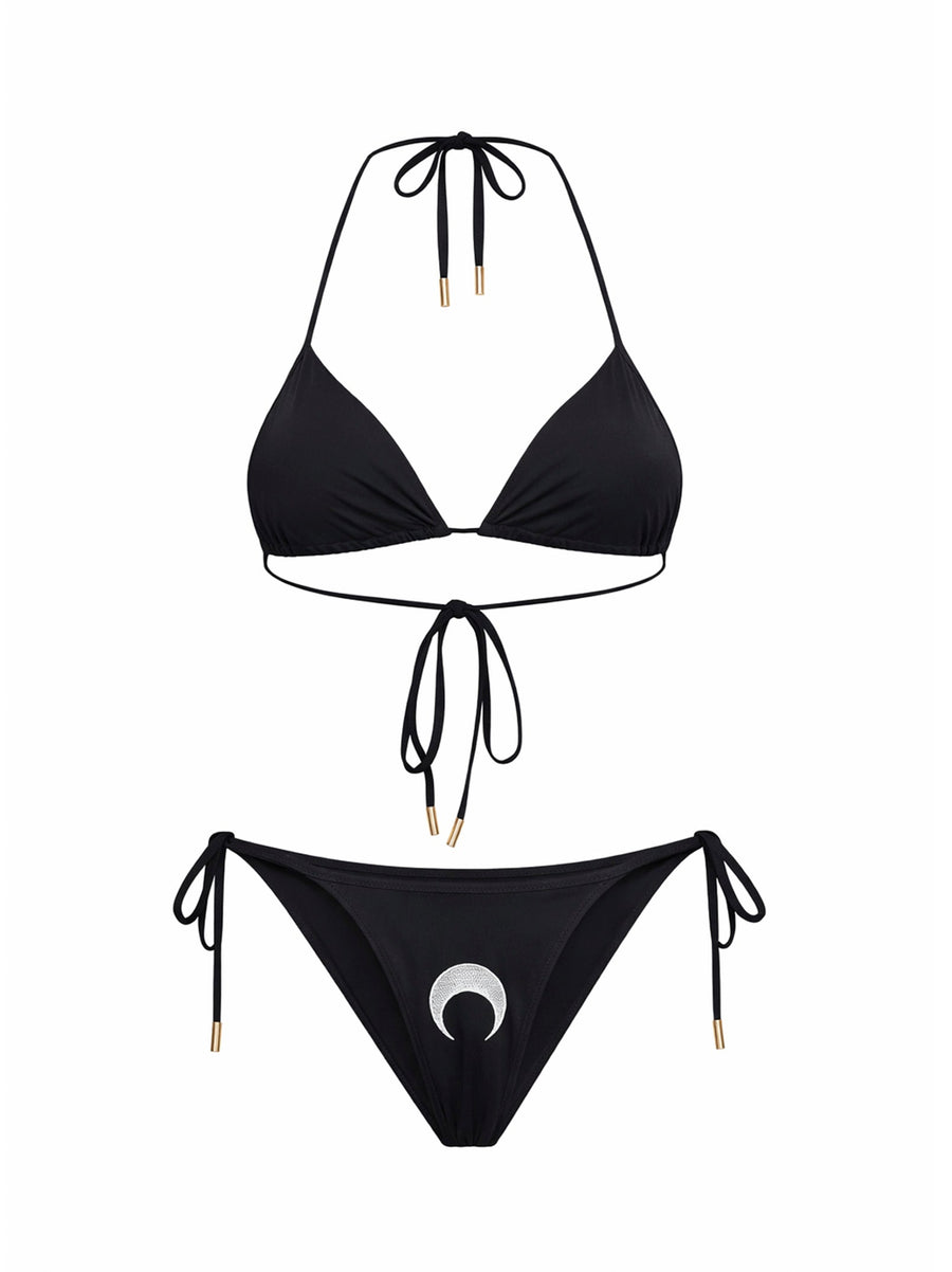 Bikini Stretch Jersey Moon Embroidery Black Polyamide Swimwear