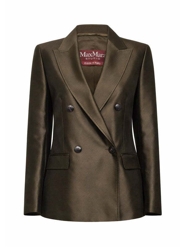 Blazer Silk-Blend Shantung Khaki Green Cotton Jacket