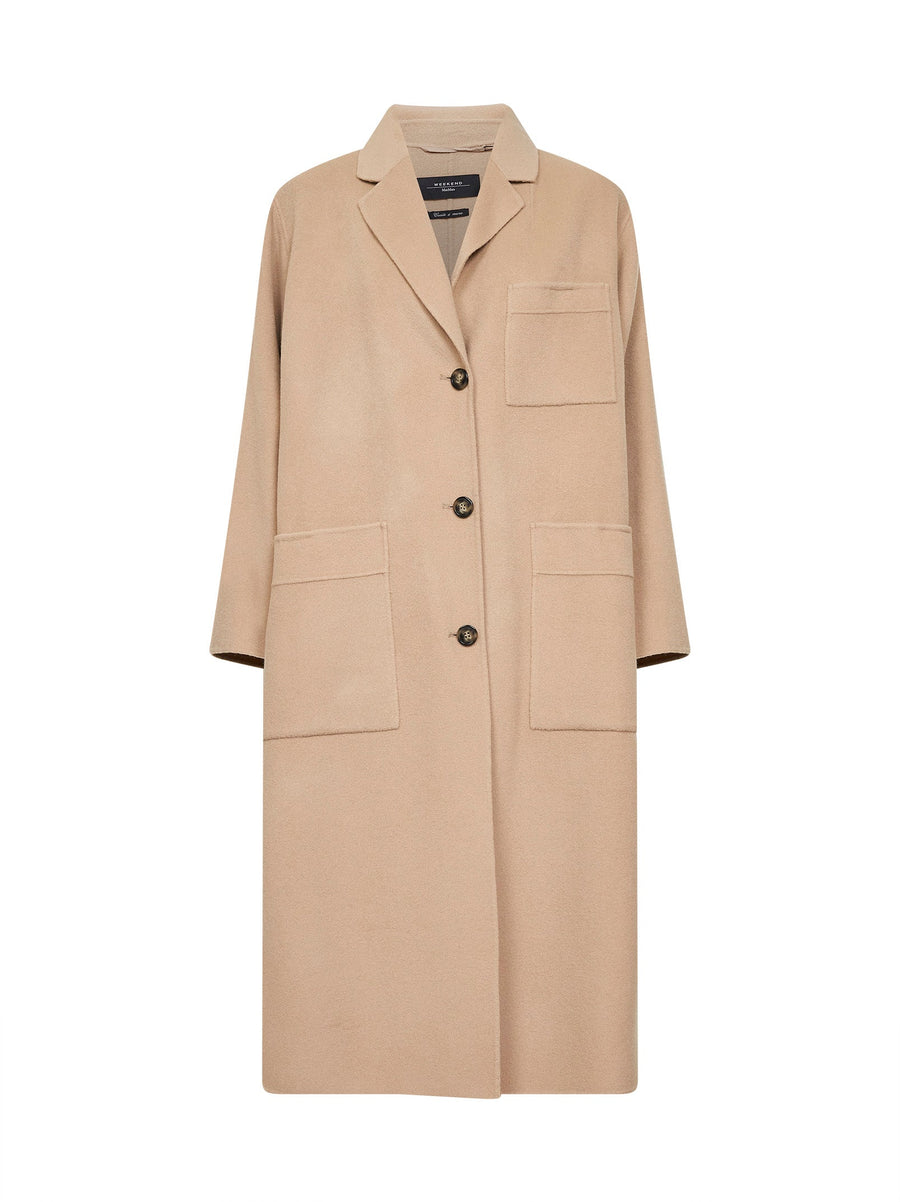 Camel Single-Breasted Long Coat Virgin Wool